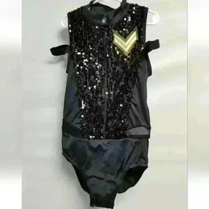 Girls Weissman Black Military Leotard with Stripes #10684 Sz LC (14)